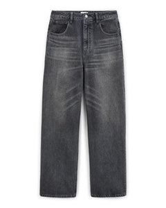 Jean large en denim gris moyen 100% coton avec coupe droite et taille moyenne, offrant un confort adapté à toutes les morphologies féminines.