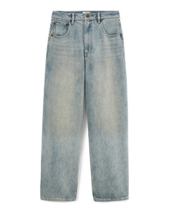 Jean pour femme en denim 100 % coton, couleur bleu délavé clair, coupe droite et large offrant un confort adapté à toutes les morphologies.