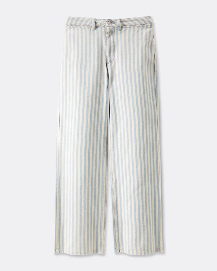 Jean femme en denim 100% coton avec rayures verticales beiges et bleues, coupe droite et confortable adaptée à toutes les morphologies.