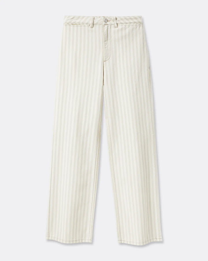 Jean droit pour femme en denim léger crème à fines rayures verticales, coupe fluide et confortable qui s’adapte à toutes les morphologies.