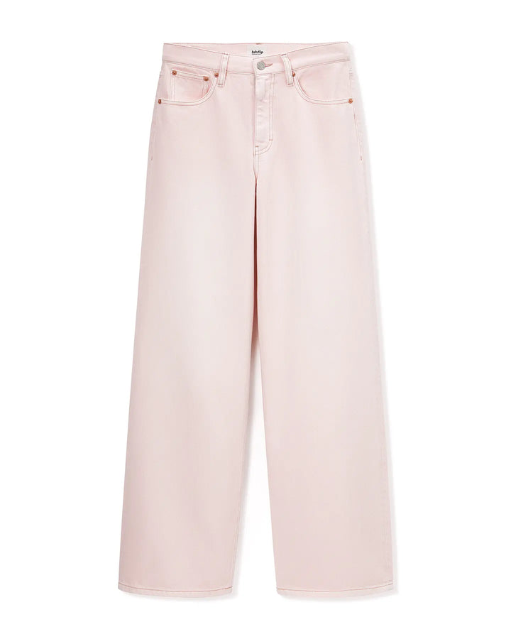 Jean flare large pour femme en denim rose clair, coupe ample et fluide, confection 100 % coton, idéale pour toutes morphologies.