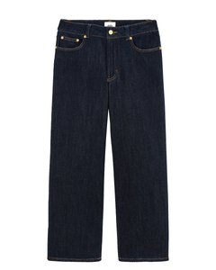 Jean droit pour femme en denim 100% coton de couleur bleu foncé, coupe ajustée mais confortable, matière épaisse et résistante adaptée à toutes les morphologies.