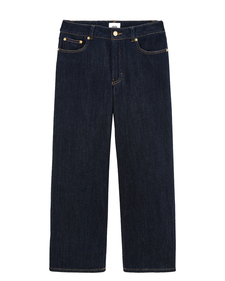 Jean droit pour femme en denim 100% coton de couleur bleu foncé, coupe ajustée mais confortable, matière épaisse et résistante adaptée à toutes les morphologies.